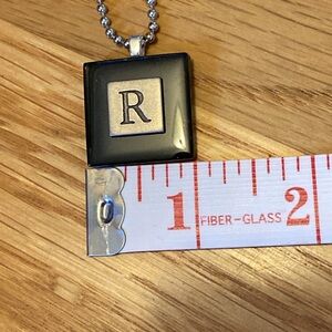 Black glass R Initial Necklace with 23” chain